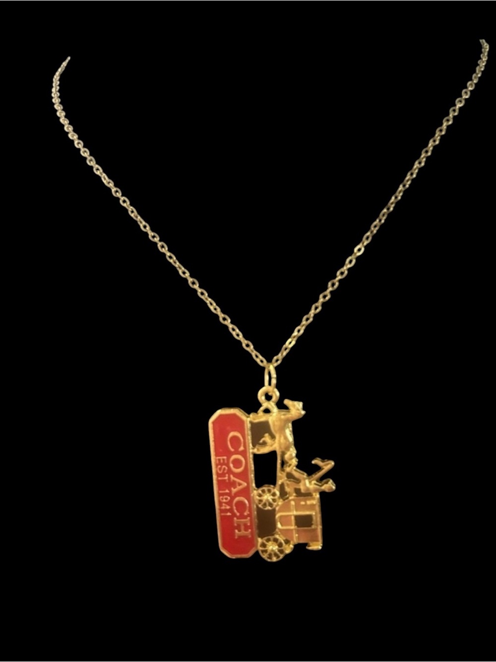 COACH Gold and Red Carriage Logo Pendant Necklace - Picture 7 of 9